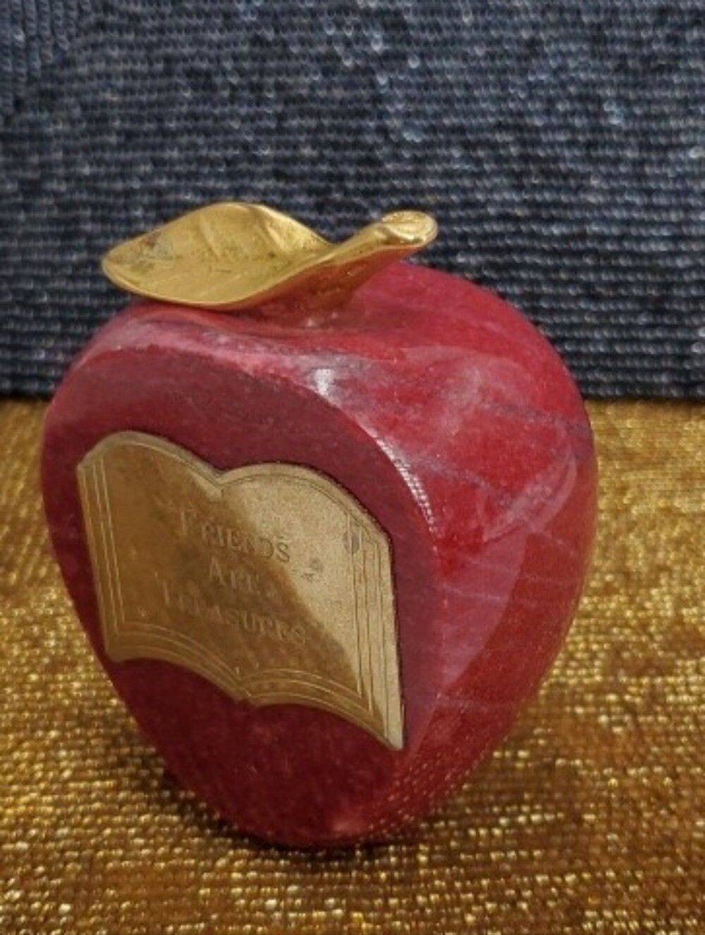 Vintage carved red marble  apple paperweight, with metal Friendship plaque (J1)